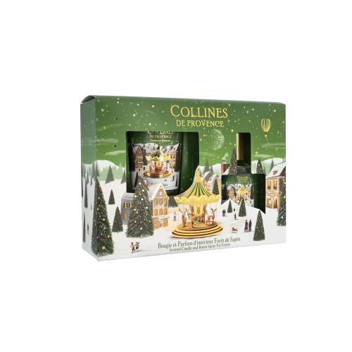 Duftset aus Kerze und Raumspray im Tannenduft in grün-goldener Weihnachtsverpackung mit Sichtfenster