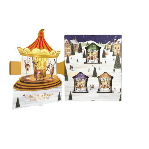Preview: Drei Duftkerzen mit grünem, violettem und karamellfarbenem Etikett im Collines de Provence Geschenkset