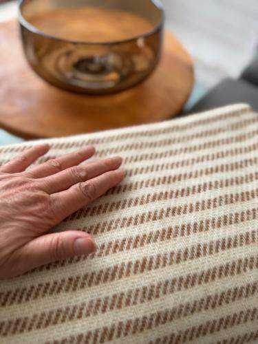Preview: Gestreifte Kuscheldecke Gant Stripe in warmen Beigetönen mit Fransen