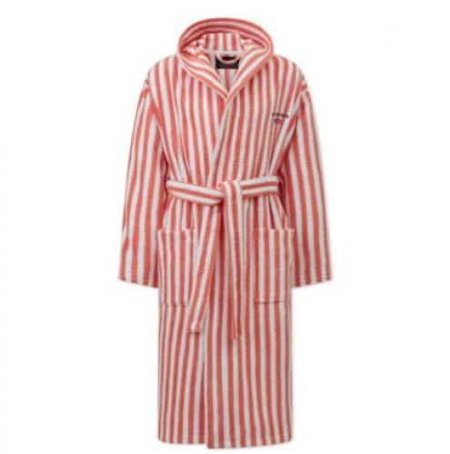 Lexington Striped Cotton Mix Hoodie Bademantel Coral/White, Coral, schick