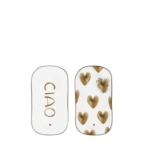 Preview: Teller White Brown Hearts, Bastion Collections Servierteller oval, Keramik Teller mit Herzen, skandinavisches Geschirr oval,