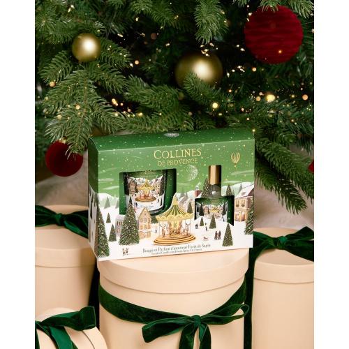 Preview: Tannenduft-Geschenkset von Collines de Provence mit Hirschkarussell und geschmückten Tannenbäumen