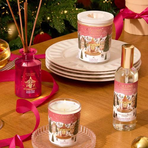 Preview: Collines de Provence Kerze Geeiste Litschi 75 g, Duftkerze mit Litschiduft kaufen, frische fruchtige Duftkerze, kleine Duftkerze als Geschenk, Duftkerze aus Frankreich