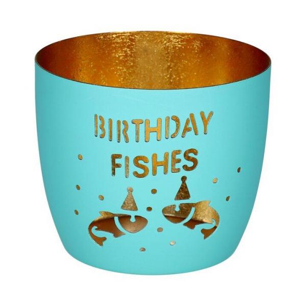 Gift Company Madras, Windlicht, M, Birthday fishes, türkis/gold