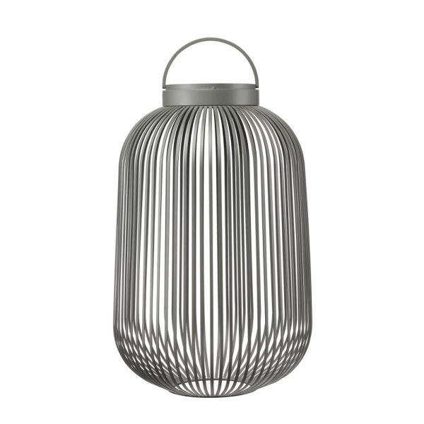 Mobile LED-Leuchte LITO L von blomus in Granite Gray, seitliche Ansicht mit offenen Metallstreben