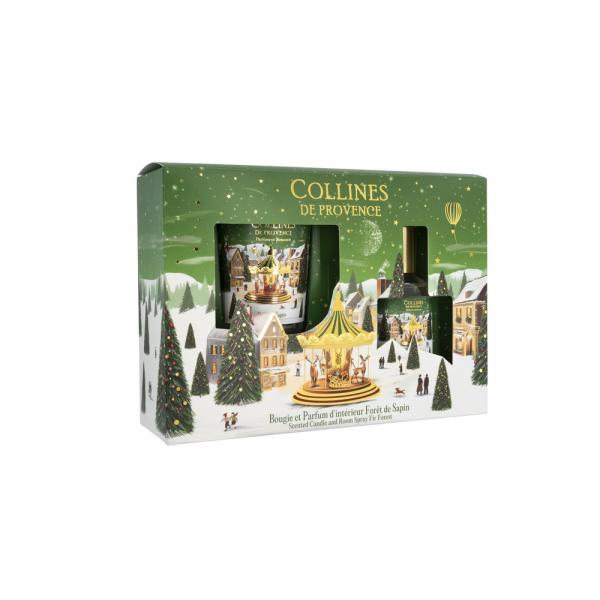 Duftset aus Kerze und Raumspray im Tannenduft in grün-goldener Weihnachtsverpackung mit Sichtfenster