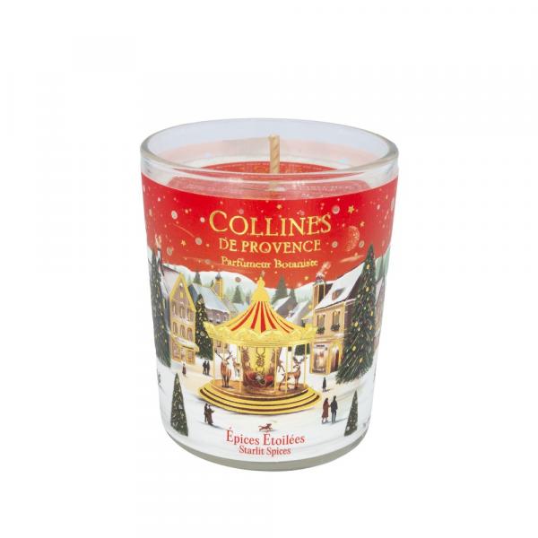 Collines de Provence Kerze Gewürzsterne 75 g, kleine Weihnachtskerze würzig, Mini-Duftkerze als Weihnachtsgeschenk, Weihnachtskerze klein kaufen, französische Duftkerze Winter, kleine Duftkerze als Wichtelgeschenk, würzige Weihnachtskerze