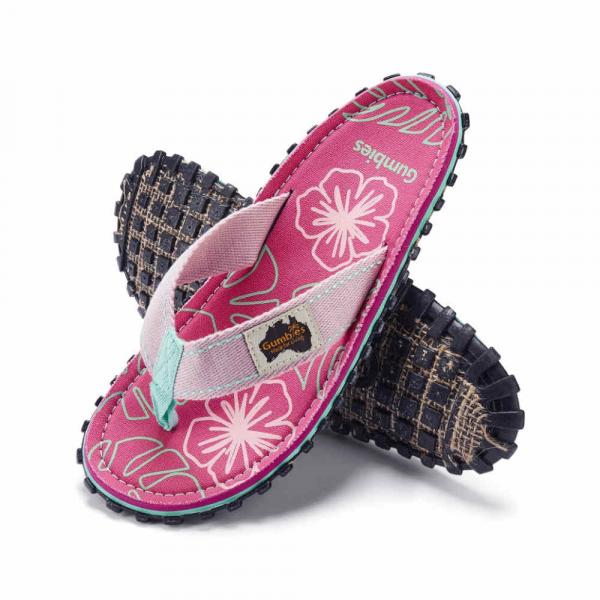 Stylische Gumbies Australische Sandalen Blush Hibiscus mit tropischem Muster