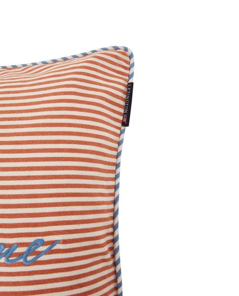 Lexington Summer Striped Organic Cotton Twill Kissenhülle Terra, White, Blue, Logo, CLose