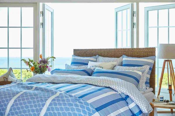 Lexington White/Blue Striped Cotton Sateen Bed Set, Mood, Sommerhaus