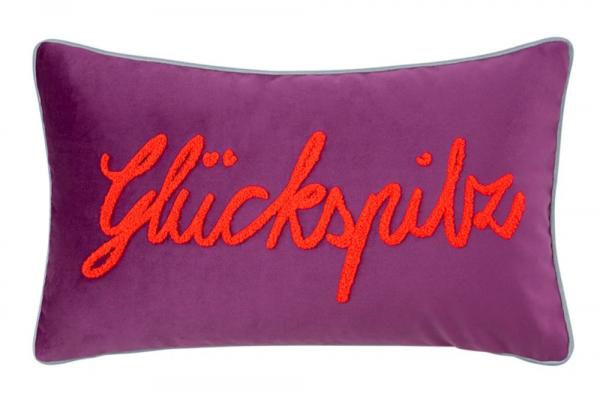 Pad Home Dekokissen Glückspilz, violettes Samtkissen mit orange bestickter Schrift