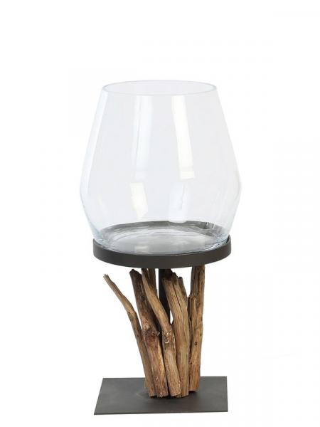 WMG Holz Windlicht Raisa mit Glas, Teak, Wunderschoen, Unikat